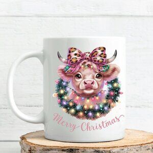 🎄 Pink Cow Merry Christmas 11oz White Ceramic Mug – Perfect Holiday Gift!